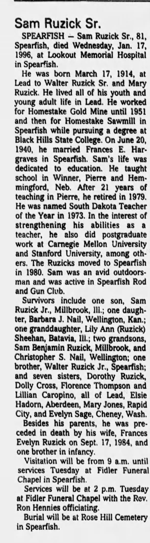Obituary for Sam Ruzick, 1914-1996 (Aged 81)